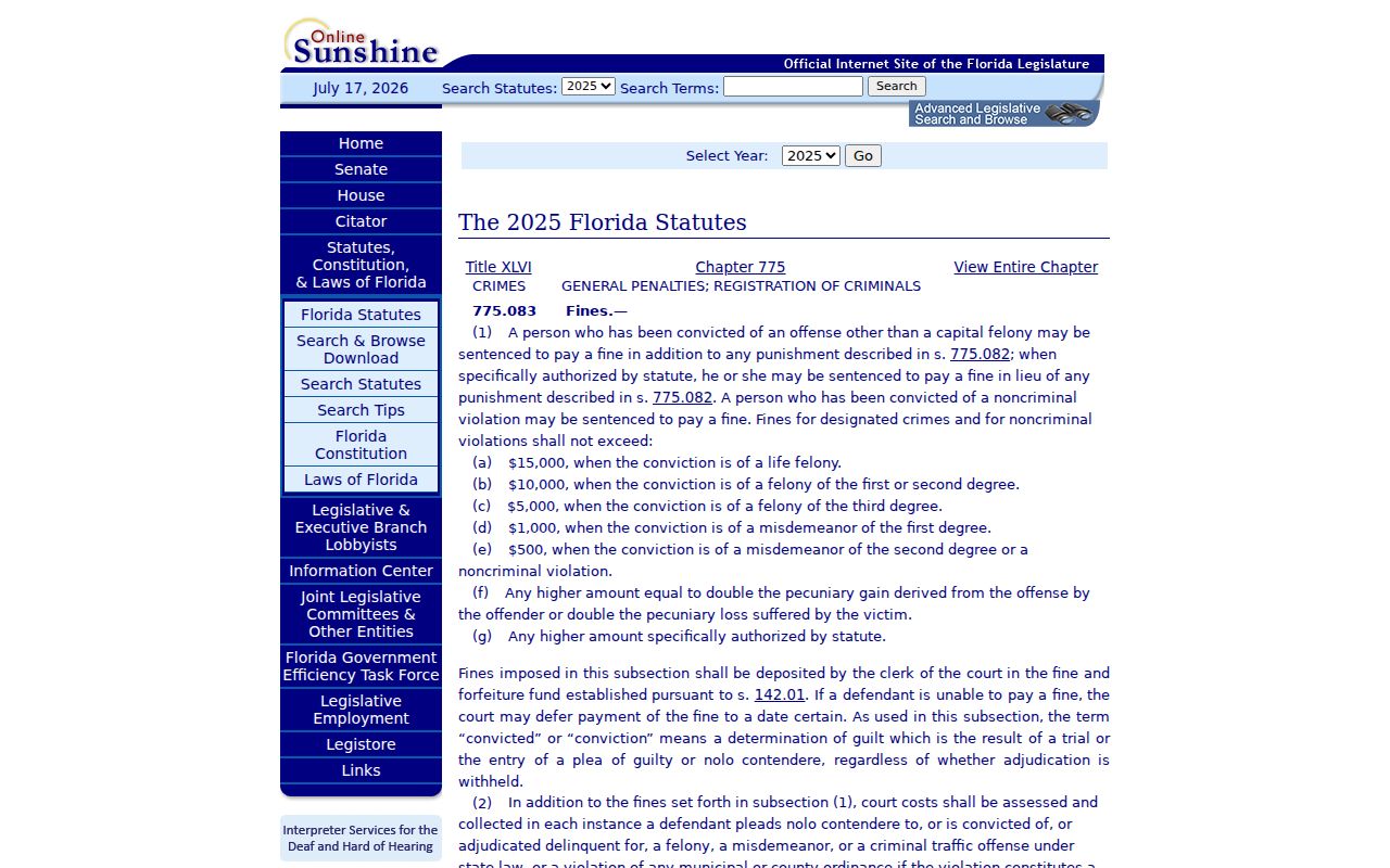 Clewiston criminal history Florida criminal fines statute