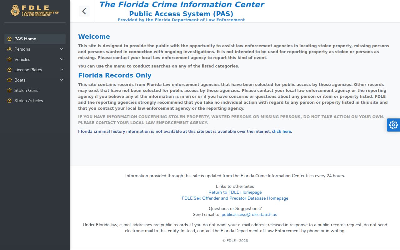 FDLE statewide wanted person search interface