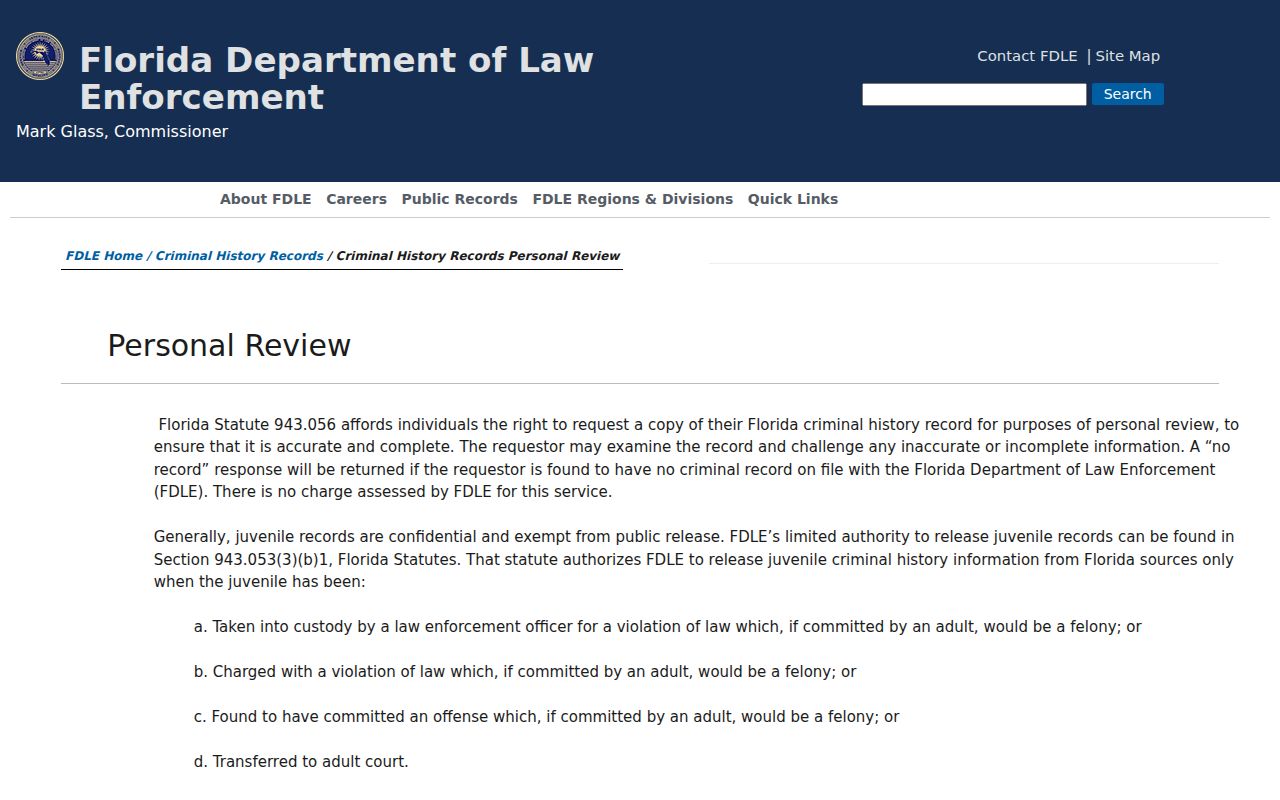 FDLE Personal Review for a LaBelle criminal history match
