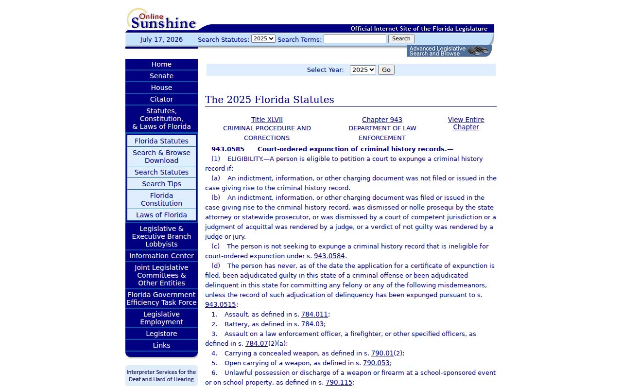 Florida expunction law for a LaBelle criminal court record